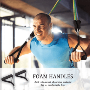 Gym Equipment- Resistance band set shown in use in 4 settings: "Outoor", "Gym", "Home" and "The company"