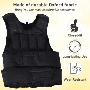 Gym Accessories- (300*300)- Weight Vest along with 3 infographics illustrating the features- Close fit, Durability, Wear Resistance: along with mention of Oxford Fabric as material