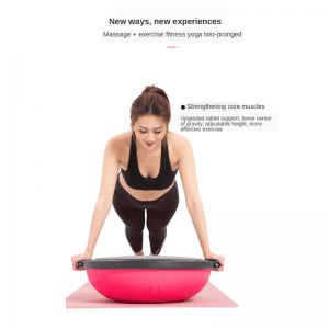 Strength Training Equipment- (300*300)- Woman using the Pink Bosu Ball to perform a pushup along with a headline and description showing the products versatility followed by a bullet point reading "Strengthening core muscles" and small description of product features and advantages