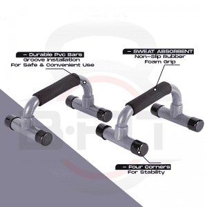 Strength Training Equipment- (300*300)- Pair of Push Up stands with features highlighted using black pointers:"Durable PVC Bars", "Sweat Absorbent" -Rubber Grip area, "Four Corners"- floor contact area, all with short text description