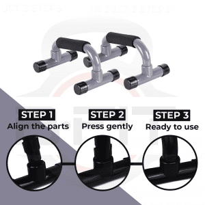 Strength Training Equipment-(300*300)- Pair of Pushup Stands with 3 infographics below the stands detailing assembly