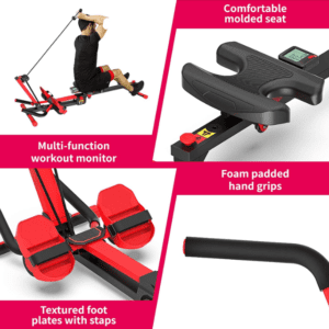 Cardio Equipment- (300*300)-4 Feature highlight of the 3-In-1 Foldable Ab Rowing Machine: Seat, Workout Monitor, Foam hand grips, Textured foot plates with straps