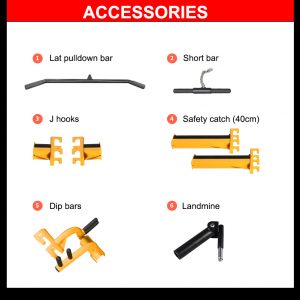 Strength Training Equipment- 6 Accessories with images of each for the Premium Versatile Half Rack: Lat Pulldown bar, Short Bar, J Hooks, 40Cm Safety Catch, Dip Bars and Landmine attachment