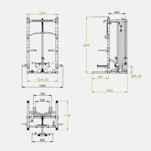 Strength Training Equipment- Front, Side and Top drawing of the Premium Versatile Half Rack with dimensions
