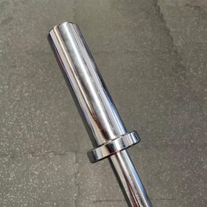 Strength Training Equipment- (300*300) Image- 120cm Olympic Bar supported vertically with hand with DB Fitness Logo visible on the outer side of the sleeve