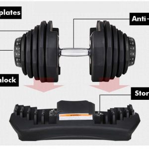 Strength Training Equipment- Front View of the 40KG Adjustable Dumbbell suspended above the storage tray with semi-transparent red arrows pointing downwards along with lines indicating with black text reading "Weight plates", "Anti-Slip Bar", "Dial Spinlock" and "Storage Tray"