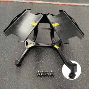 Strength Training Equipment- (300*300)- Front view of the Adjustable Dumbbell Stand with detailed zoomed-in view of the wheels in gym setting