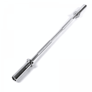 Strength Training Equipment- 120cm Olympic Bar supported vertically with hand with DB Fitness Logo visible on the outer side of the sleeve