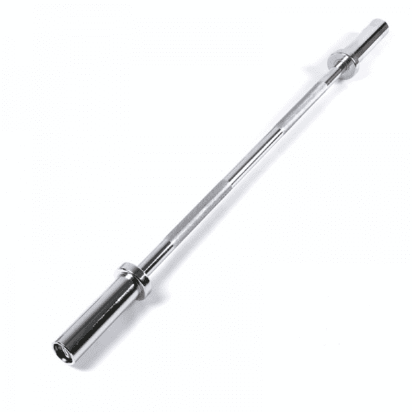 Strength Training Equipment- 120cm Olympic Bar supported vertically with hand with DB Fitness Logo visible on the outer side of the sleeve