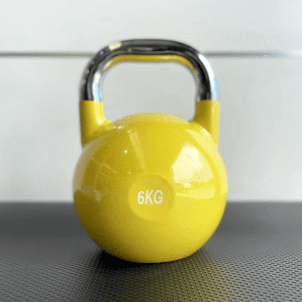 Strength Training Equipment- 7 various coloured Competition kettlebells of weights 6KG,8KG,10KG,12KG,16KG,20KG,24KG arranged in 2 lines