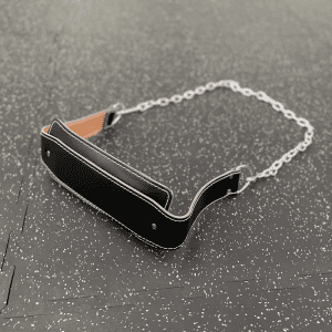 Weight Lifting Gear- Front profile view of the Weight lifting belt with chain, placed on gym floor