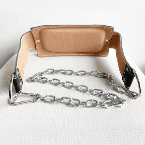 Weight Lifting Gear- Rear view of the Weight lifting belt with chain place on a white upholstery surface