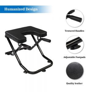 Yoga Product- Foldable Yoga Inversion Stool with 3 seperate circular detail views of features of the product detailing "Textured handles", "Adjustable Footpads" and "Quality leather"