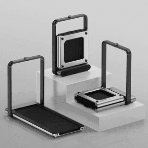 Cardio Equipment- 3 Representations of the WalkingPad x21 Double-Fold Treadmill placed on a two-step pedestal showing showing folded and half folded positions, the active position lies in-line with the length of the pedestal