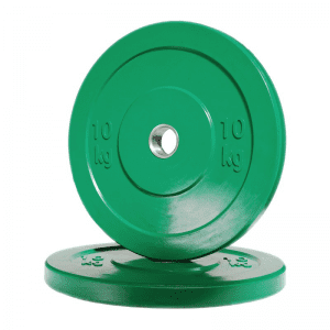 Strength Training Equipment- Pair of 10KG Colourful Rubber Bumper Plates (Green Colour), one flat and the other placed vertically on top