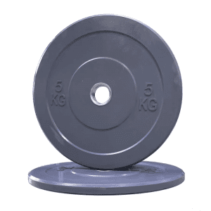 Strength Training Equipment- A Pair of 5KG Colourful Rubber bumper plates (Gray Colour), one flat and the other vertically placed on top