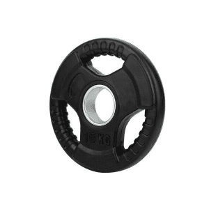 Strength Training Equipment- Profile view of the (15KG) EZI-Grip Olympic Rubber Weight Plate in white background