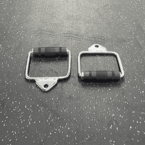 Gym Accessories- Pair of D-Handle cable attachments placed in line on gym floor one opposite to the other