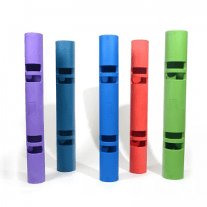 Gym Equipment- View of 5 VIPR Natural Rubber Weight Fitness Barrels placed vertically in white background