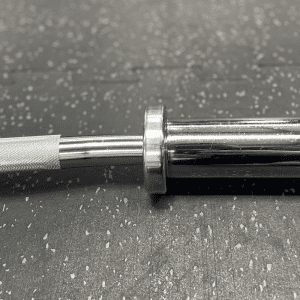 Strength Training Equipment- (300*300)- Close top-view of the knurling and sleeve of the 120cm Chrome Olympic Curl Bar