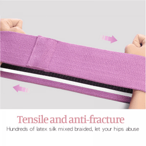 Weightlifting Accessories- (300*300) Image- 2-segment image with Pink Hip resistance bands shown extended with both arms to demonstrate tensile strength and 2nd segment in white with text reading "Tensile and anti-fracture" along with another text description highlighting the tensile strength further