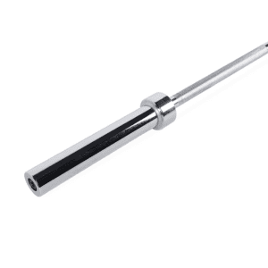 Strength Training Equipment- (300*300) Image- Cropped Profile view of the 150cm Olympic Bar with sleeve, collar and knurling visible